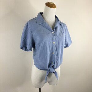 TOMMY BAHAMA Short Sleeve Blue Textured 100% Silk Tie Hem Button Shirt